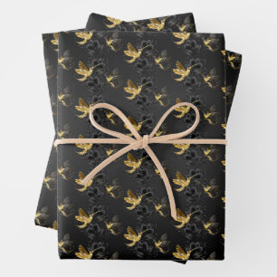 Feuille De Papier Cadeau Colibri noir et or