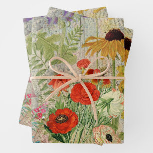Feuille De Papier Cadeau Collage botanique vintage Fleur sauvage