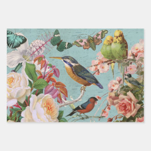 Feuille De Papier Cadeau Collage d'éphémères vintage roses papillons et ois