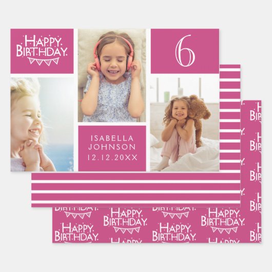 Feuille De Papier Cadeau Collage photo en mode rose Joyeux anniversaire (Lot)