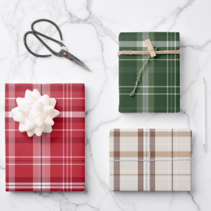 Feuille De Papier Cadeau Collection classique Noël Plaid Crème verte rouge
