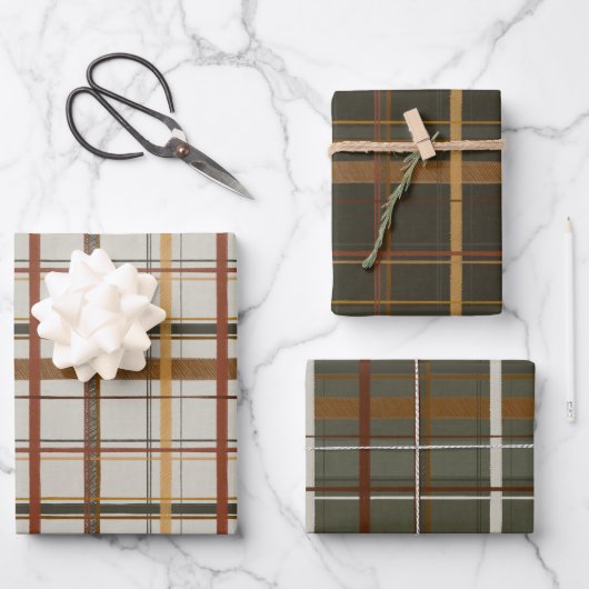 Feuille De Papier Cadeau Collection Noël | Plaids Vert, Crème, Tan (Recto)