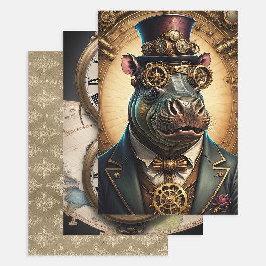 Feuille De Papier Cadeau Collection Steampunk Animal - Hippopotamus