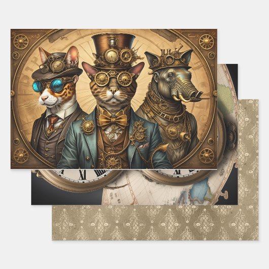 Feuille De Papier Cadeau Collection Steampunk Animal - Kitty Trio 