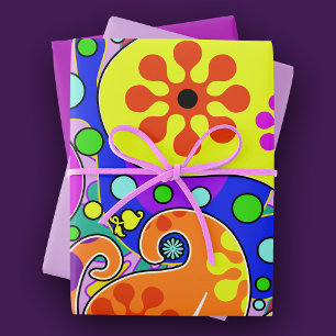 Feuille De Papier Cadeau Coloré violet rose jaune orange pastel floral
