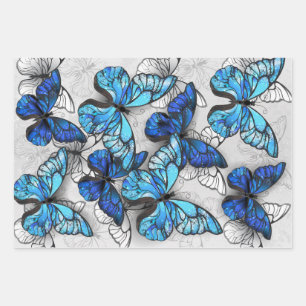 Feuille De Papier Cadeau Composition des papillons blancs et bleus