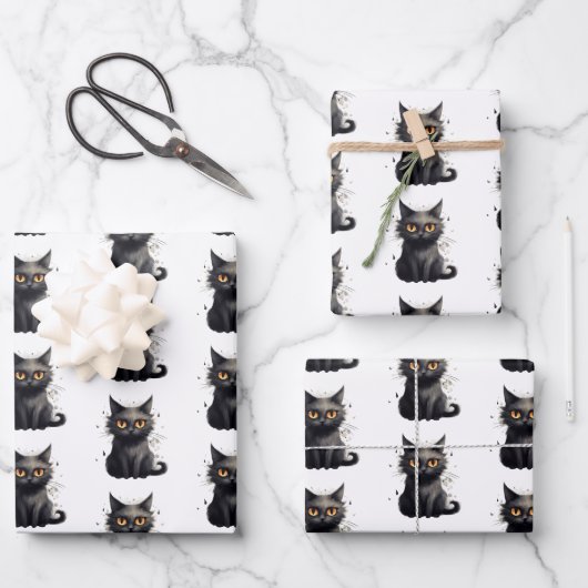 Feuille De Papier Cadeau Conception de chat noir mignon mais effrayant (Recto)