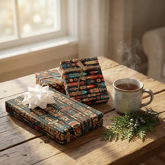 Feuille De Papier Cadeau Conception de totems et de plumes amérindiens