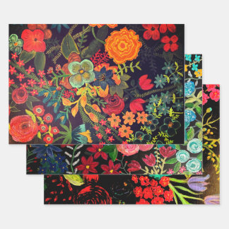 Feuille De Papier Cadeau Conception florale de peinture acrylique boho