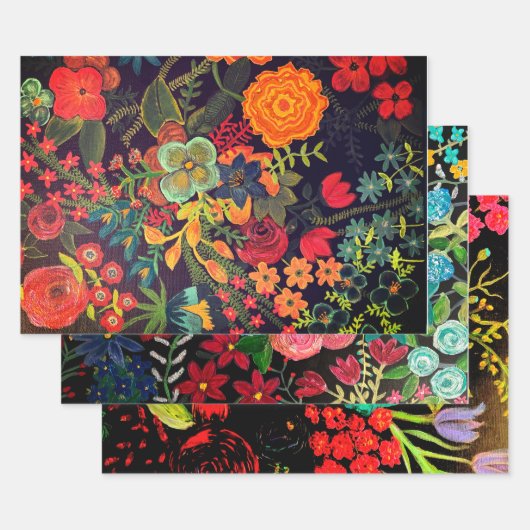 Feuille De Papier Cadeau Conception florale de peinture acrylique boho (Lot)