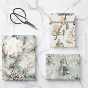 Feuille De Papier Cadeau Cônes de pin Vert Crème Arbres de Noël Flocons de