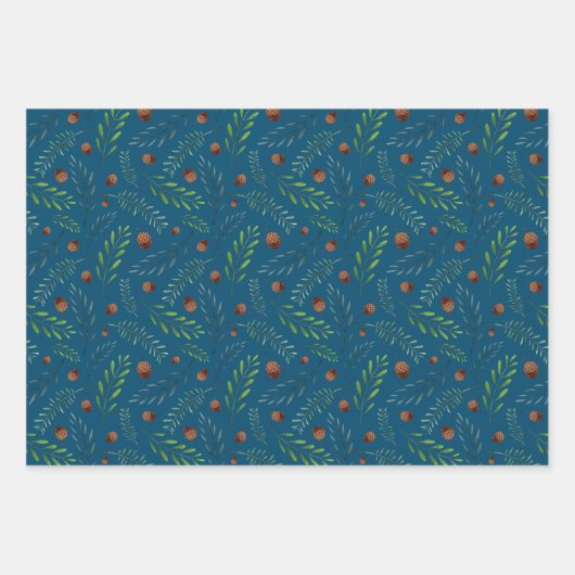 Feuille De Papier Cadeau Cônes et branches de pin de Noël Aquarelle (Devant 2)