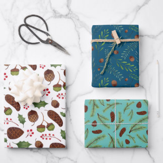 Feuille De Papier Cadeau Cônes et branches de pin de Noël Aquarelle