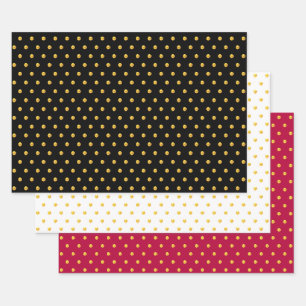 Feuille De Papier Cadeau Confetti Pois d'or sur Noir, Rouge et Blanc