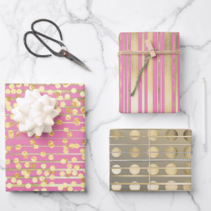 Feuille De Papier Cadeau Confetti rose or rayé élégant motif formel