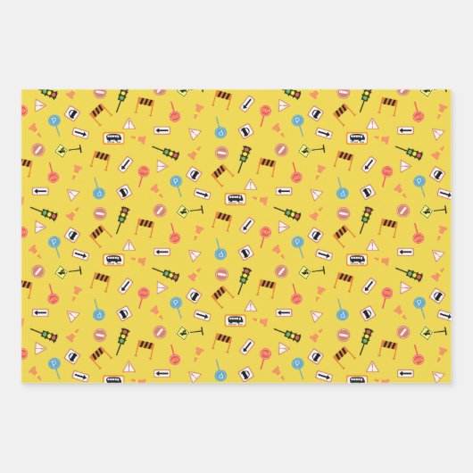 Feuille De Papier Cadeau Construction et signalisation routière Jaune. Papi (Devant 3)
