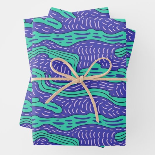 Feuille De Papier Cadeau Cool Bizarre Turquoise Purple Lines n Squiggles Mo (En situation)