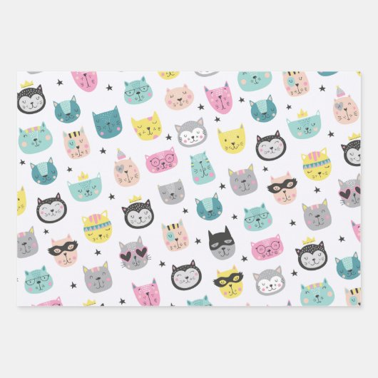 Feuille De Papier Cadeau Cool Chat fait face Turquoise Jaune Chevron Motif (Devant)