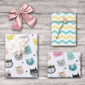 Feuille De Papier Cadeau Cool Chat fait face Turquoise Jaune Chevron Motif