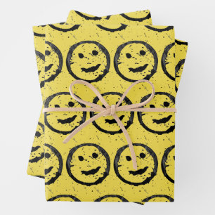 Feuille De Papier Cadeau Cool Sardé Joyeux visage souriant motif jaune