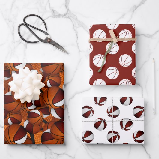 Feuille De Papier Cadeau coordination set maroon blanc motifs de basketball (Recto)
