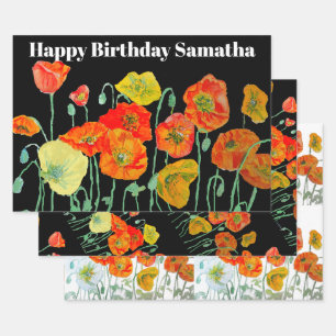 Feuille De Papier Cadeau Coquelicot Orange Rouge Fleur Aquarelle Anniversai
