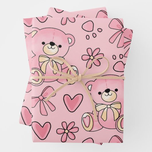 Feuille De Papier Cadeau Coquette Pink Teddy Bear Seamless Pattern (En situation)