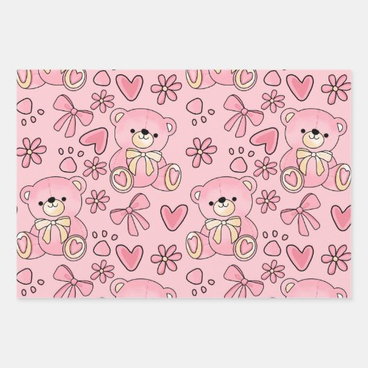 Feuille De Papier Cadeau Coquette Pink Teddy Bear Seamless Pattern (Devant)