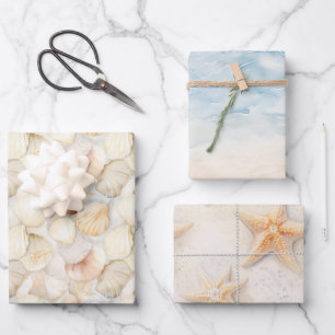 Feuille De Papier Cadeau Coquillages Crème Sable Ivoire Plage