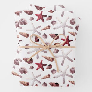 Feuille De Papier Cadeau Coquillages d'aquarelle et Starfish Marine Life