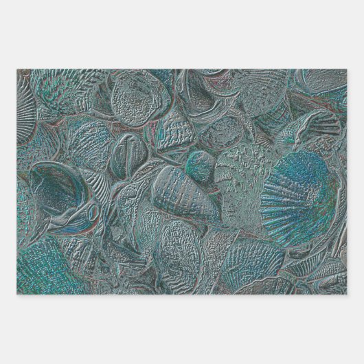 Feuille De Papier Cadeau Coquillages Ocean Beach Gris Turquoise Métal (Devant)