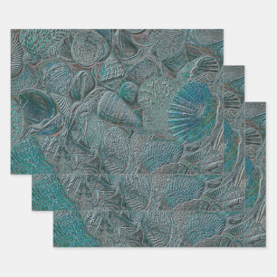 Feuille De Papier Cadeau Coquillages Ocean Beach Gris Turquoise Métal
