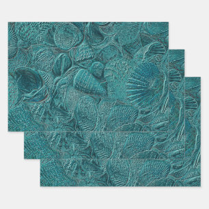 Feuille De Papier Cadeau Coquillages Ocean Beach Style métallique Turquoise