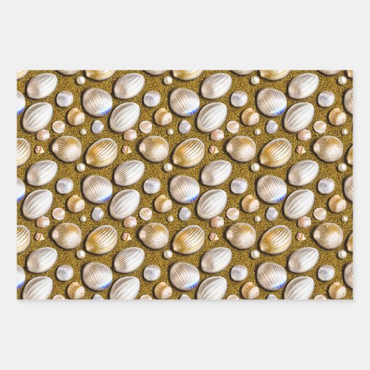 Feuille De Papier Cadeau Coquillages perles sable coquillages dorés (Devant 3)