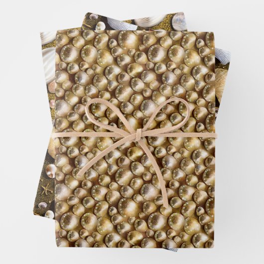 Feuille De Papier Cadeau Coquillages perles sable coquillages dorés (En situation)