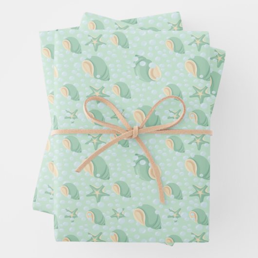 Feuille De Papier Cadeau Coquillages verts et bulles (En situation)