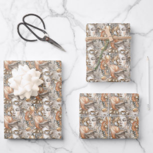 Feuille De Papier Cadeau coquilles d'huître mignonnes tête de sirène perles