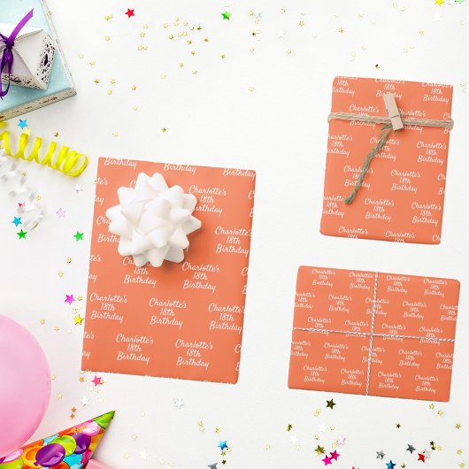 Feuille De Papier Cadeau Corail d'anniversaire orange nom script