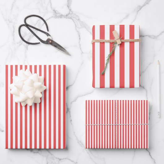 Feuille De Papier Cadeau Corail foncé et rayures blanches (Recto)
