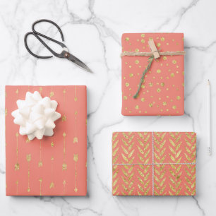 Feuille De Papier Cadeau Corail tendance et Motifs d'or