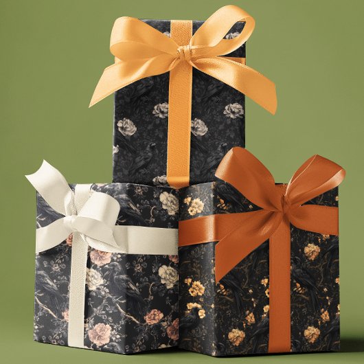 Feuille De Papier Cadeau Corbeau gothique Corbeau Floral