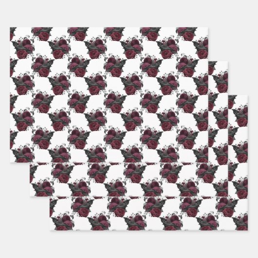 Feuille De Papier Cadeau Corbeau noir floral sur blanc (Lot)