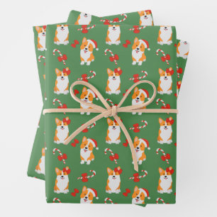 Feuille De Papier Cadeau Corgi Chien de Noël Canne de Bonbon de Compagnie N