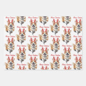 Feuille De Papier Cadeau Corgi de Noël avec bois de rennes (Devant 2)