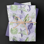Feuille De Papier Cadeau Côte Chic | Amusant Violet et Vert Sous l'Océan<br><div class="desc">Un design de plage nautique en aquarelle "sous la mer" peint à la main avec une lavande fantaisiste pourpre et vert citron apporte une touche moderne à un vieux thème. La collection présente des coquillages, des étoiles de mer, un hippocampe et un récif corallien dans des nuances complémentaires de pourpre...</div>