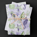 Feuille De Papier Cadeau Côte Chic | Mignon Violet et Vert Sous l'Océan<br><div class="desc">Un design de plage nautique en aquarelle "sous la mer" peint à la main avec une touche de fantaisie en lavande pourpre et vert citron apporte une touche moderne à un vieux thème. La collection présente des coquillages, des étoiles de mer, un hippocampe et un récif corallien dans des nuances...</div>