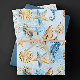 Feuille De Papier Cadeau Côté Chic Moderne bleu et or sous la mer