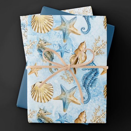 Feuille De Papier Cadeau Côte Chic | Moderne bleu et or sous la mer