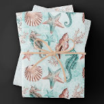 Feuille De Papier Cadeau Côte Chic | Motif pastel turquoise et récif de cor<br><div class="desc">Un élégant design de plage "sous la mer" à l'aquarelle sur le thème nautique, peint à la main, en teintes de sarcelle foncée, de vert menthe et de rose cuivré doré, apporte une touche moderne à un vieux thème. La collection présente des coquillages, des étoiles de mer, un hippocampe et...</div>
