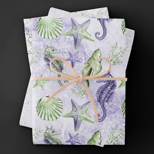 Feuille De Papier Cadeau Côté Plage Chic | Joli Violet et Vert Sous l'Océan